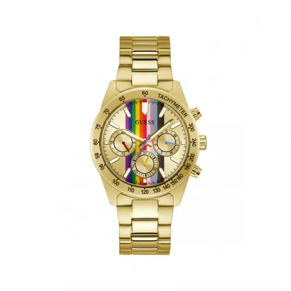 Guess Amen Damenuhr  44 mm Edelstahl Armbanduhr Regenbogenfarben Golden Chronometer